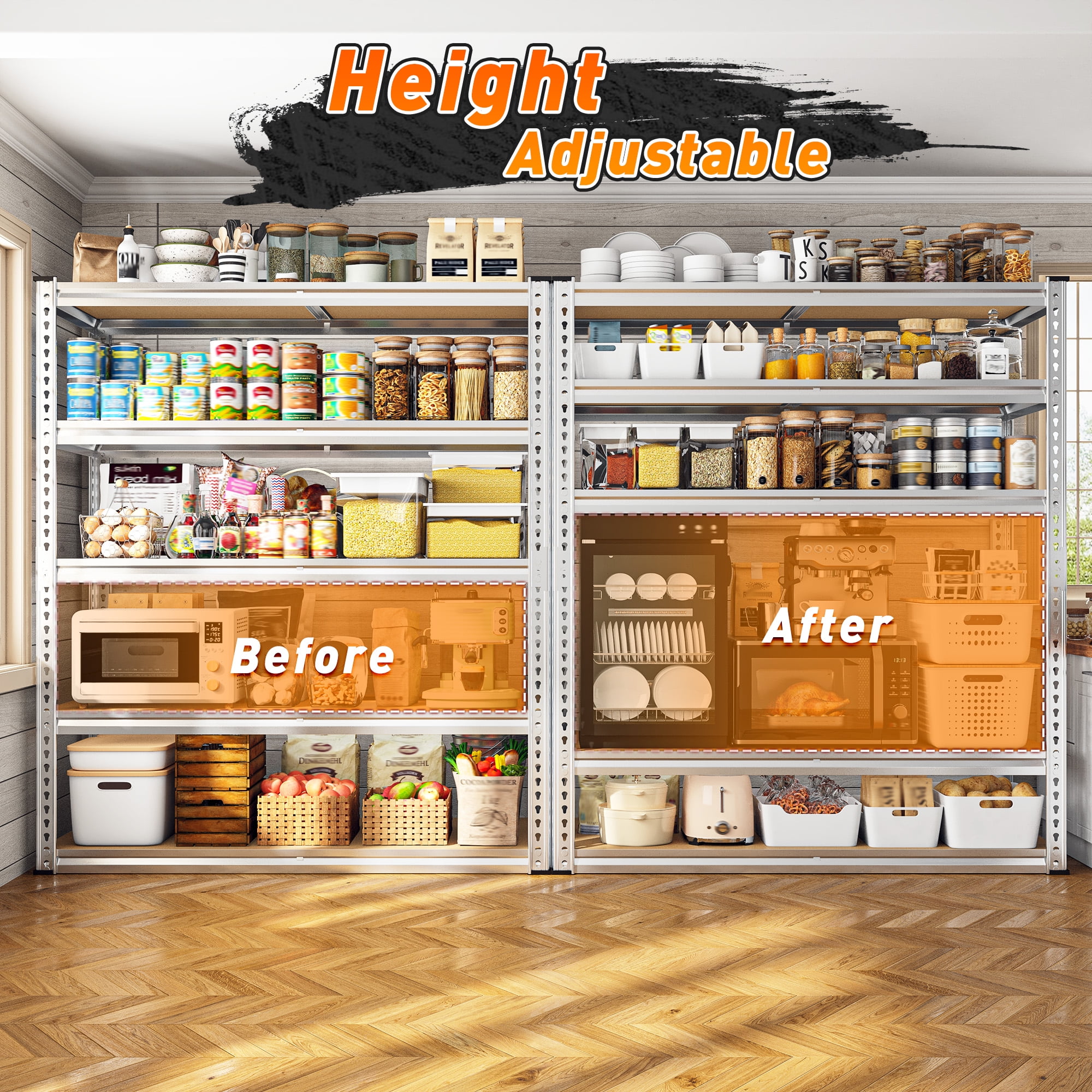 REIBII 3000LBS Garage Shelving Unit Heavy Duty Storage Shelves 5-Tier Metal Shelves，72"H x 40"W x 20"D，Galvanized