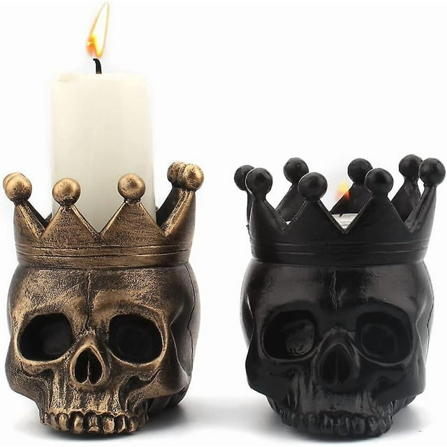 Set of 2 Skull Candle Holders for Pillar Candles - Suitable for Halloween Decoration in Living Room, Bedroom, Kitchen, Outdoor, etc.