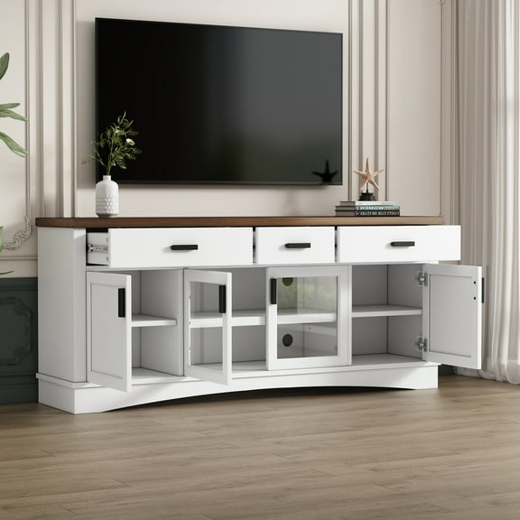 Modern TV Stand 67" Wide, Glass Door Storage Cabinet with 3 Drawers & Adjustable Shelves, Walnut Top Media Console for Living Room, White