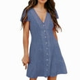 thumbnail image 1 of B91xZ Robes pour Femmes Manches Courtes Mode Unie Col en V Lanterne Fluide Robe Ample, Bleu Foncé TTTG, 1 of 5