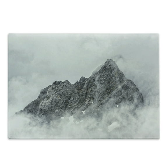Mountain Cutting Board, Landscape of Jade Dragon Mountain Atmosphere on Summit Natural Beauty Image, Decorative Tempered Glass Cutting and Serving Board, Large Size, White Grey, by Ambesonne