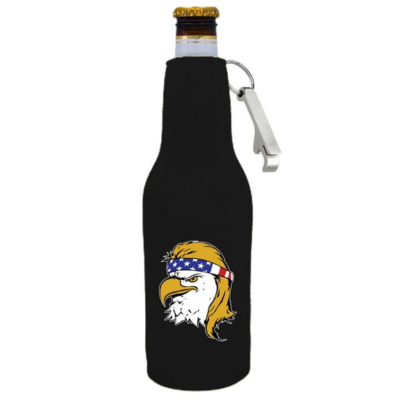Eagle With Mullet & USA Bandana Beer Bottle Coolie With Opener (Black)