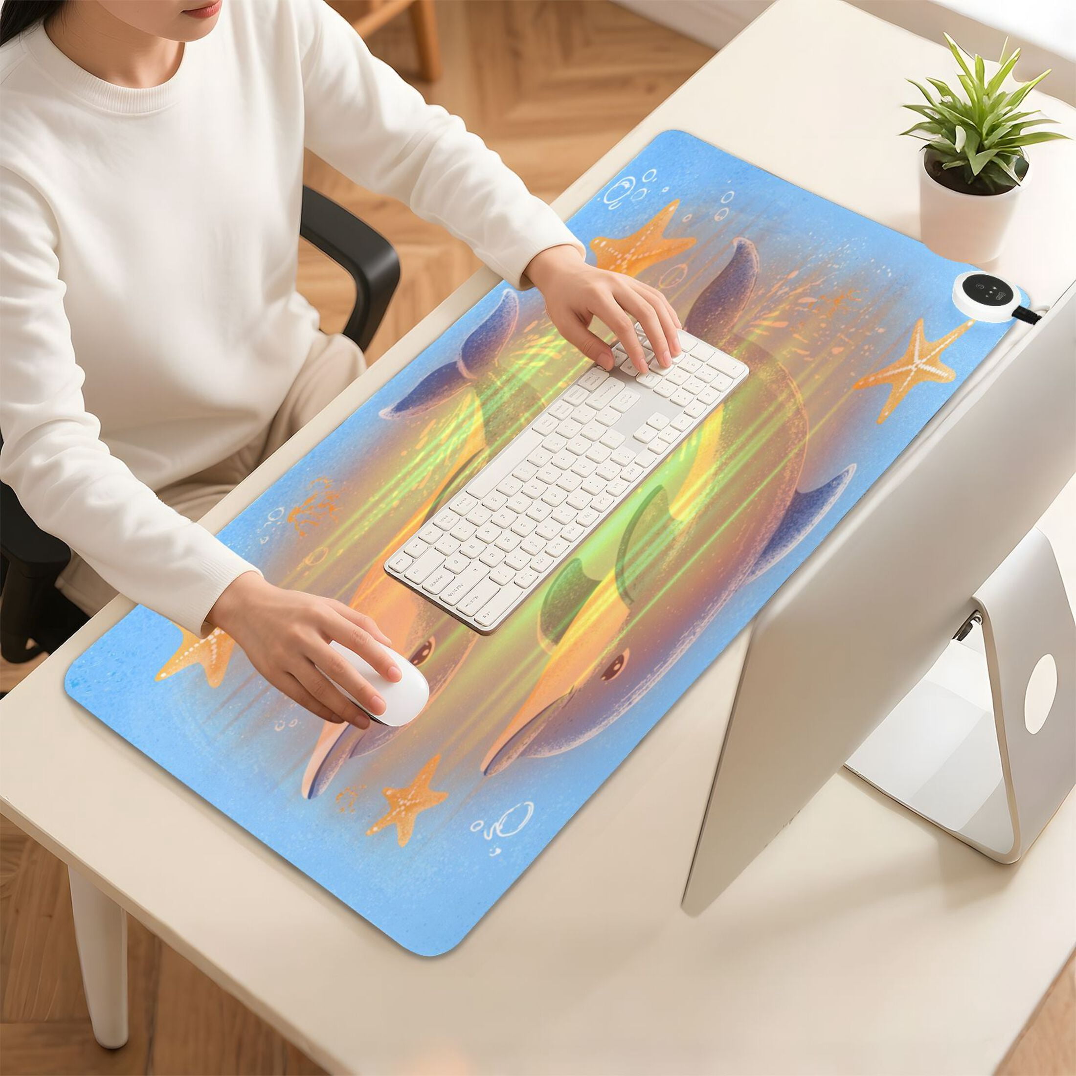 Large Heated Desk Mat Mouse Pad 31.5"x13"PU Leather Graphene Heating Desk Warmer with 3 Temperature Settings 110V US Plug Non-Slip Warm Pad for Home, Office, and Gaming Two Dolphins Jumping Pattern