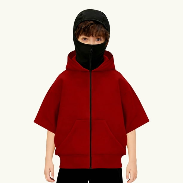 Chaqueta deportiva de verano para niños, de color liso, de manga corta, con capucha, informal, con cremallera y bolsillos, de poliéster