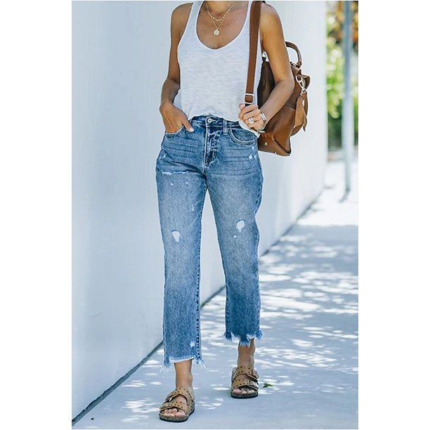2023 tendencia Casual Jeans de mujer azul cintura alta lavado recto ropa de calle rasgado moda Denim lápiz pantalones