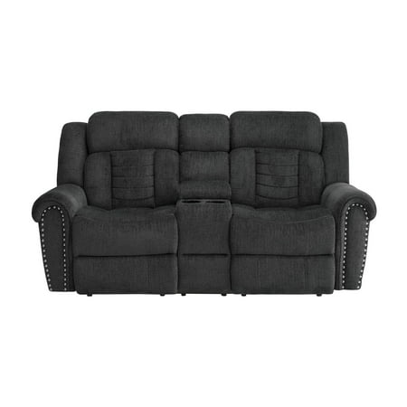 Benzara Fabric Double Reclining Loveseat With Nail Head Trims, Charcoal Gray