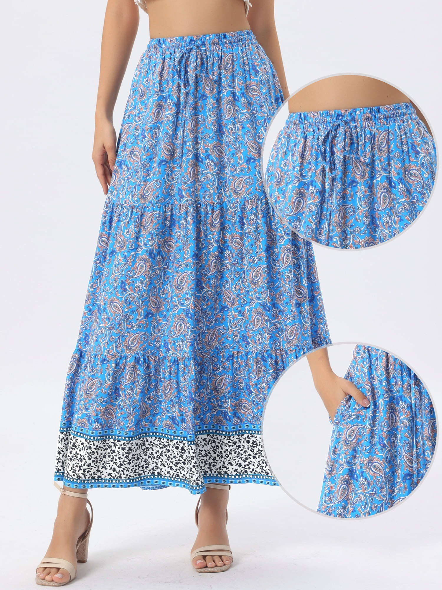 DARING DIVA Women's Boho Flare Floral Skirt X-Small Sky Blue