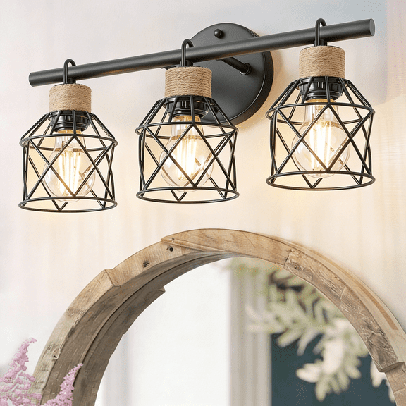 3-Light Matte Black Bathroom Vanity Light Bathroom Lighting Fixtures over Mirror with Metal Shade Modern Farmhouse Vanity Lights