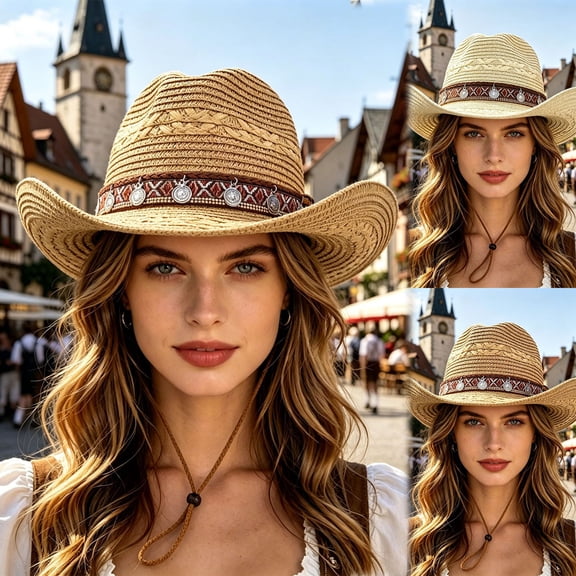 Sun Hats for Women Unisex Western Boho Wide Brim Straw Sun Hat Beach Seaside Beige One Size