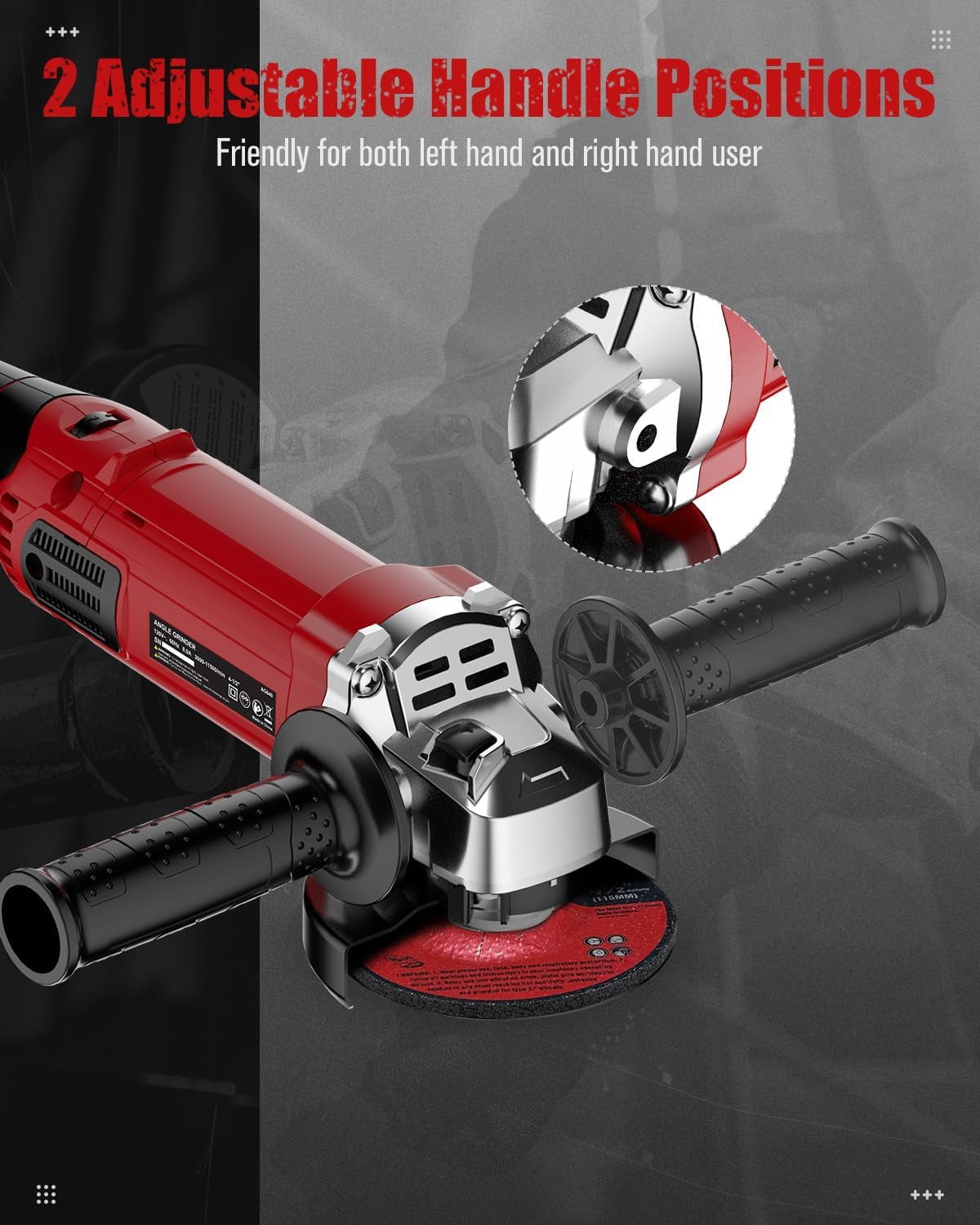 Angle Grinder 4-1/2 Inch 8.0 Amp 1000W Electric Grinder Tool 7-Variable-Speed Metal Grinder, 11,500 RPM, Paddle Switch with Lock-on Button, Cutting & Grinding Wheels and Side Handle - Red