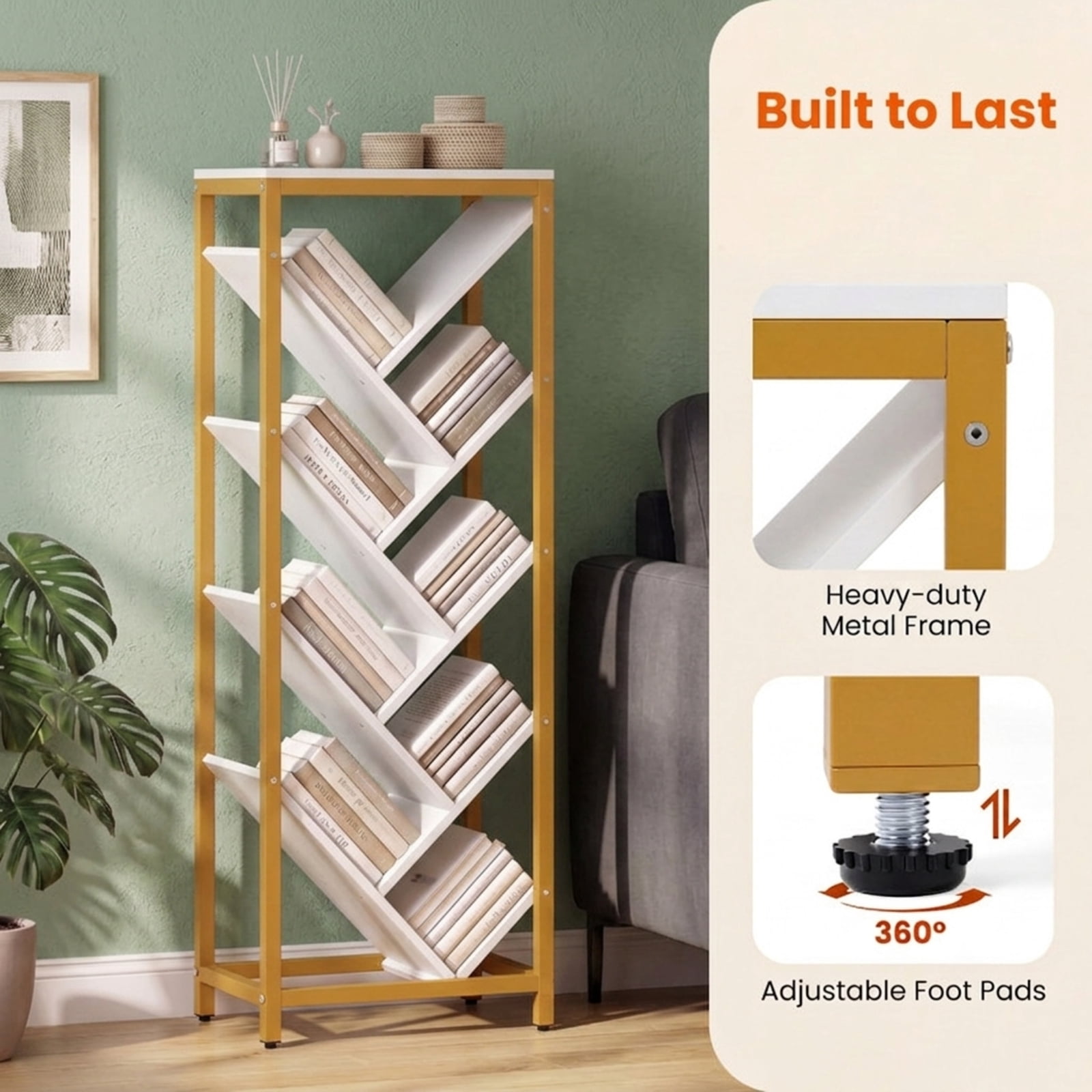 Furnibear 9-Tier Freestanding Tree Bookcase Tall Wood Bookshelf with Staggered Open Shelves and Sturdy Metal Frame for Books, White