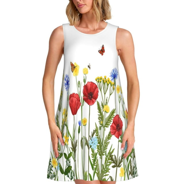 Bixox Robe Sans Manches à Imprimé Herbes Sauvages pour Femmes avec Poches, Robe Décontractée Longueur Genou pour l'Été-Moyen