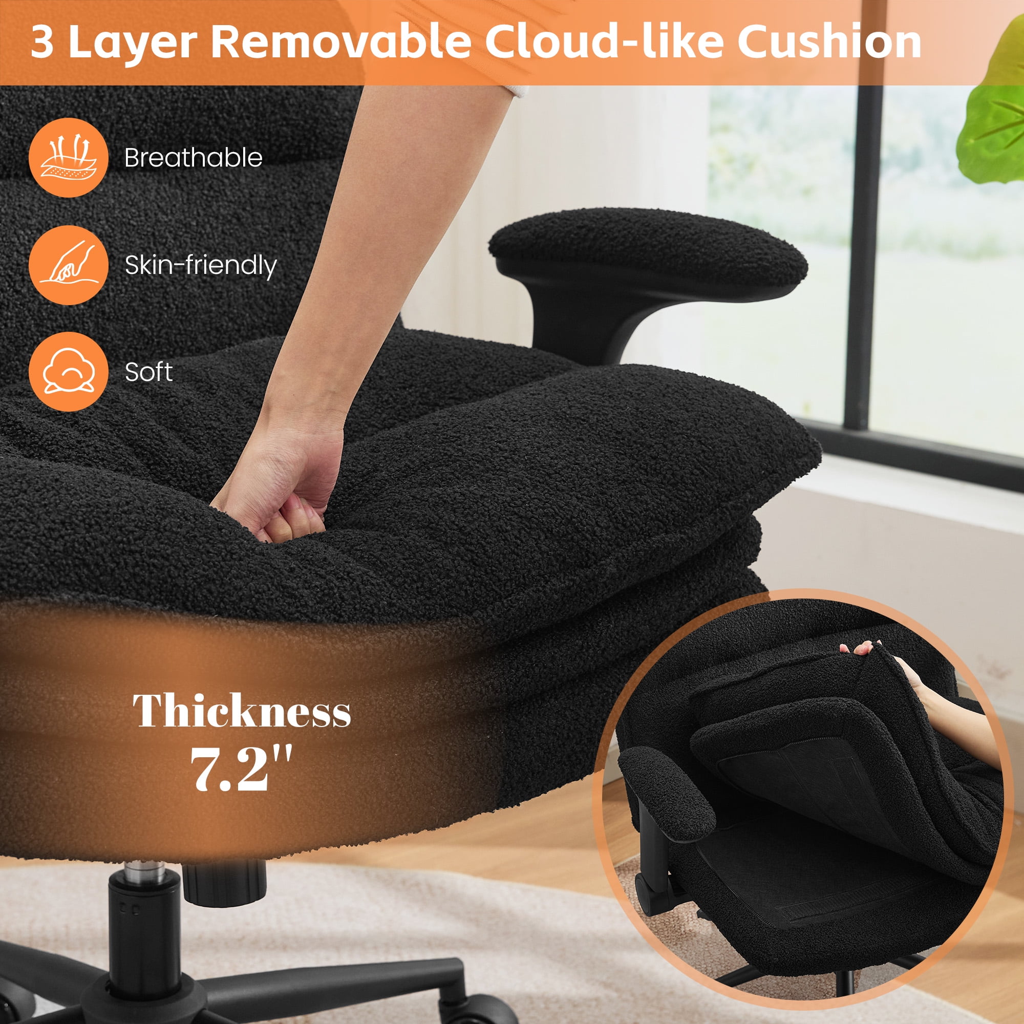 DOMICARE Criss Cross Chair with Flip-Up Arms, Wide Cross-Legged Office Chair with Wheels, Swivel Vanity Desk Chair, Black Boucle