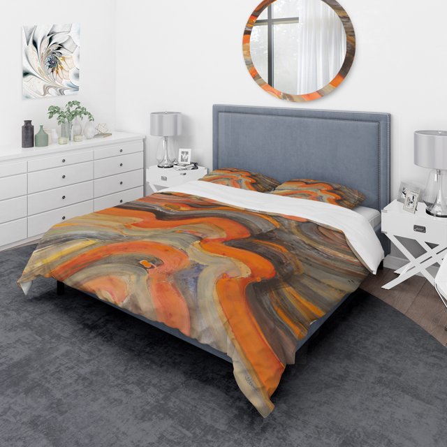 Designart 'Abstract Gilded Orange Waves' Geometric Bedding Set - Duvet Cover & Shams