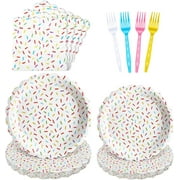 96 Pcs Donut Plates and Napkins Party Supplies Include Sprinkles Paper Plates, 2 Ply Cocktail Napkins, Plastic Forks Disposable Tableware for Baby Shower Birthday Party for 24 Guest (Scalloped)