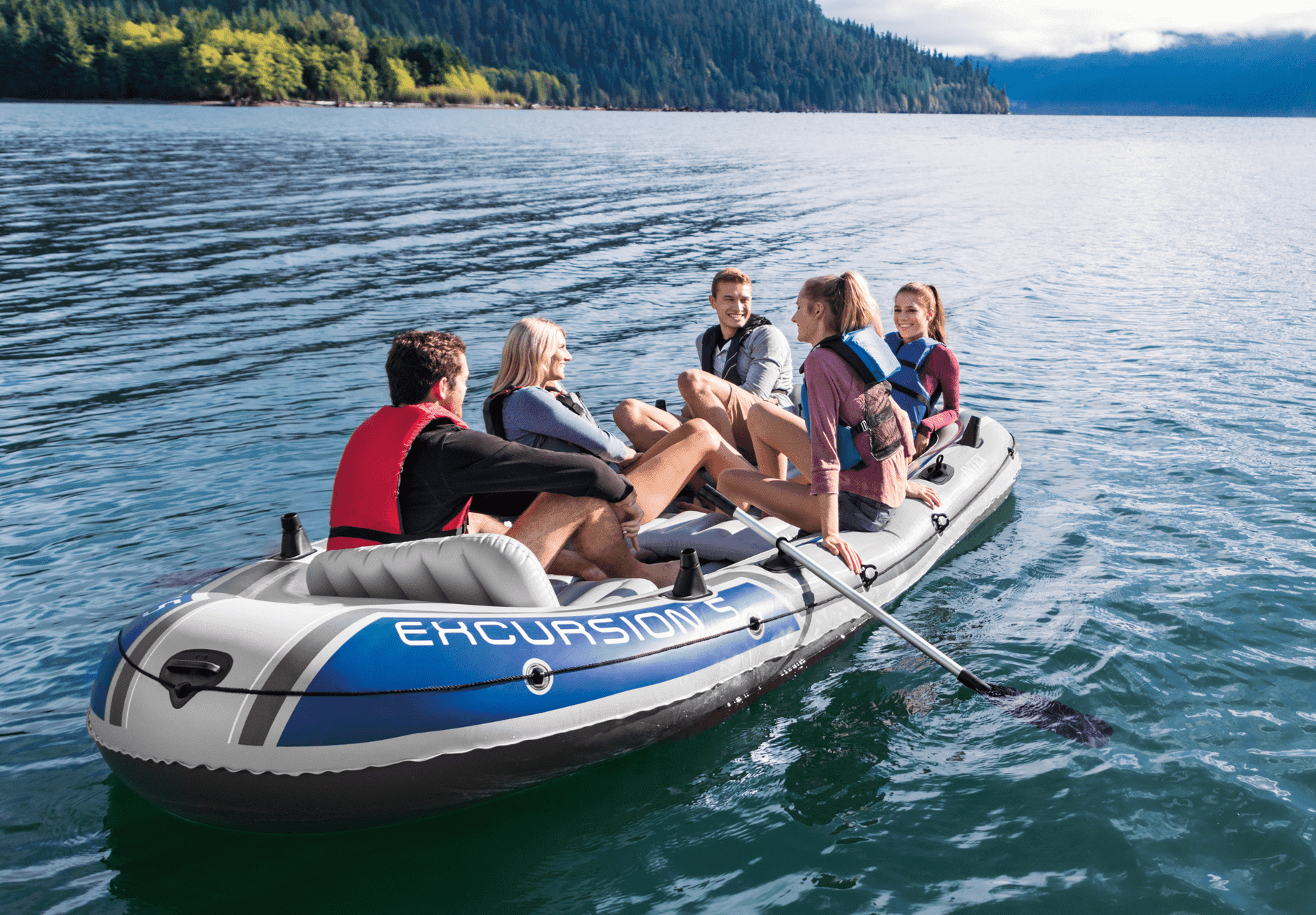 Intex Excursion Inflatable 5 Person Water Fishing River Boat Raft Set Oars