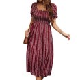 thumbnail image 4 of ZXSXSY Women Smocked Print Square Neck Puff Sleeve Side Split Hem Midi Dress, 4 of 7