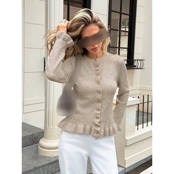 Womens Slim Fit Knit Cardigan Ruffle Hem Crew Neck Office Casual Sweater