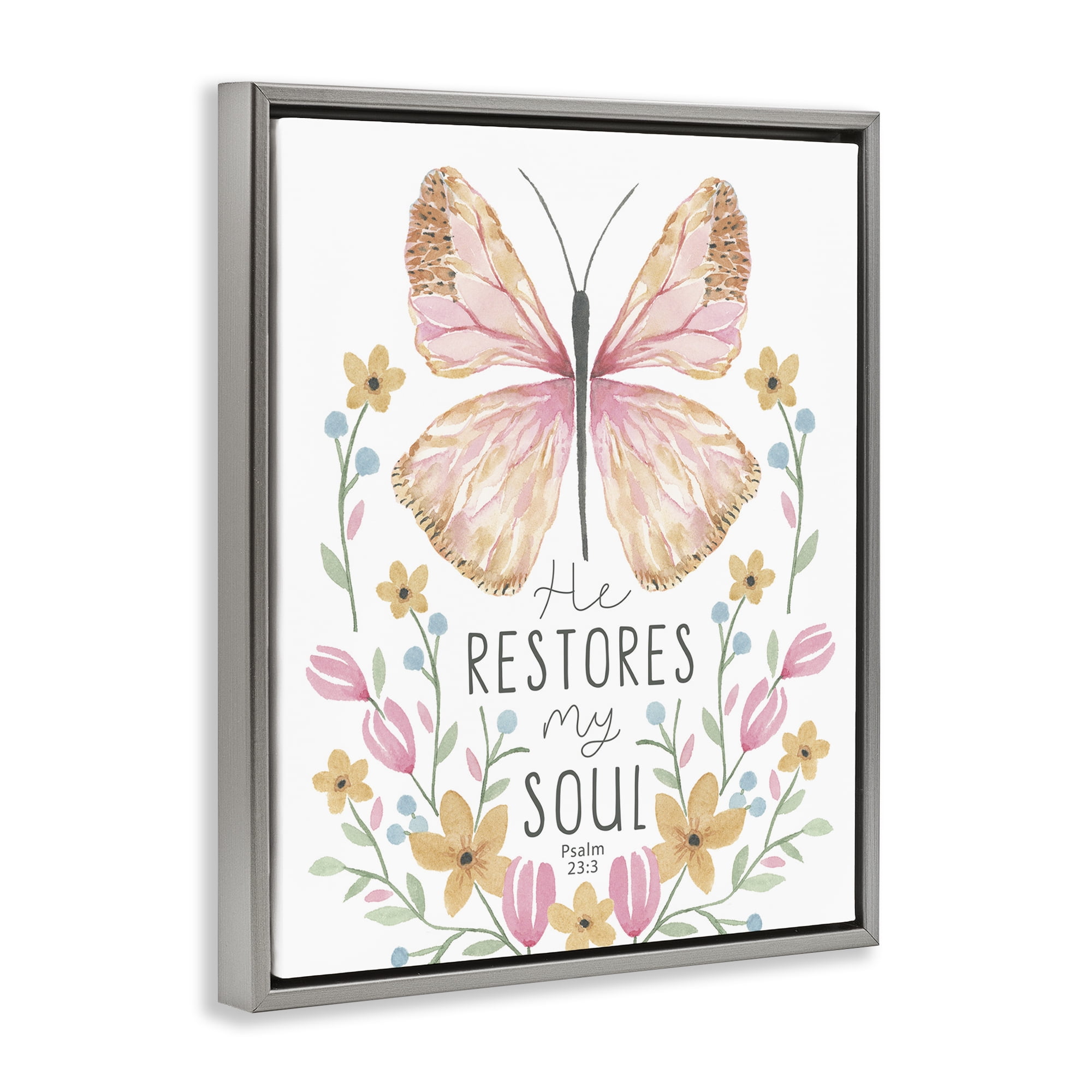 Stupell Industries Floral Restores My Soul Religious Painting Gray Floater Framed Art Print Wall Art, 25 x 31