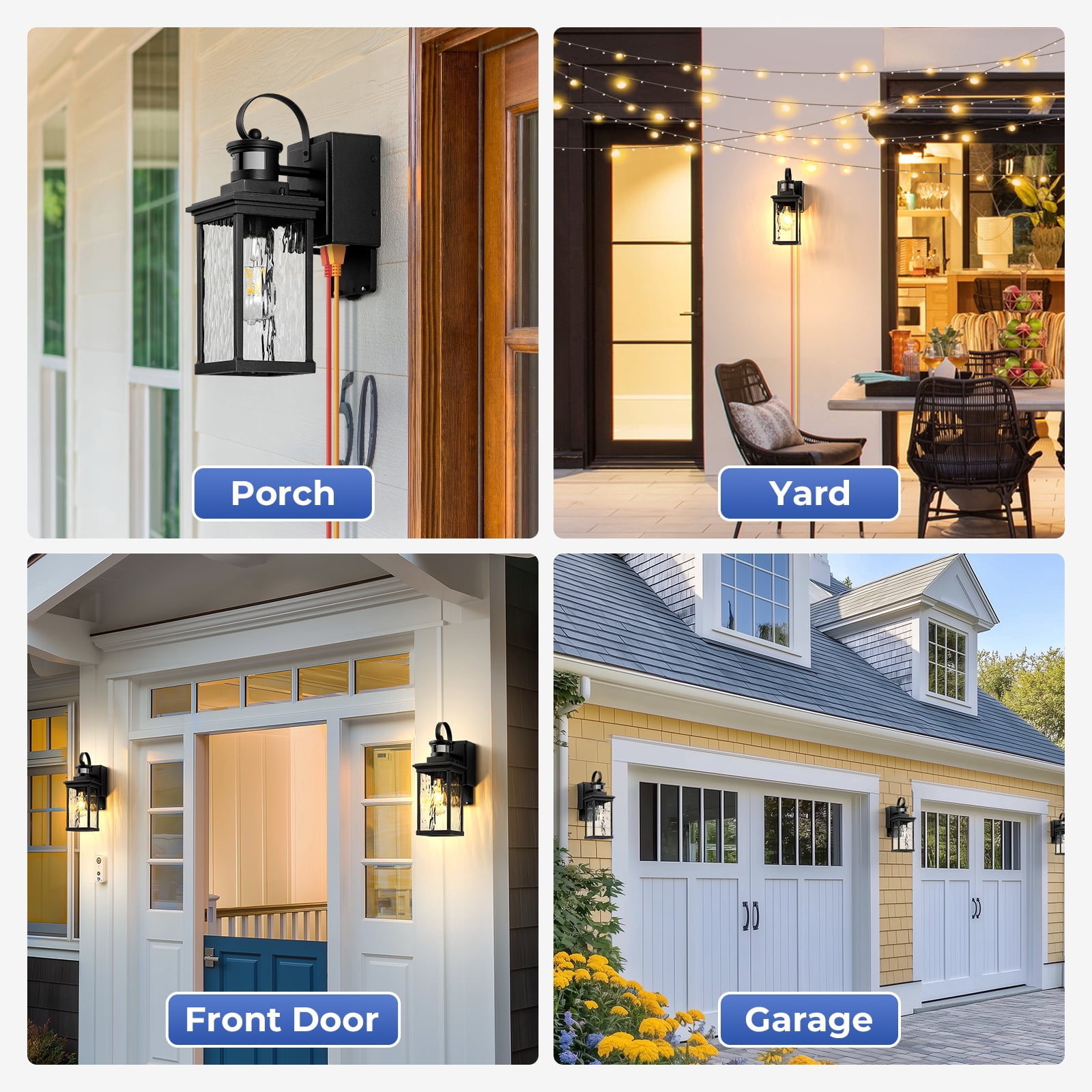Black Outdoor Porch Light with GFCI Outlet, 2-Pack Modern Motion Sensor Exterior Garage Lighting Fixtures Wall Mount Lantern, Anti-Rust Waterproof Outdoor Sconce Lights for House, Coach, Patio