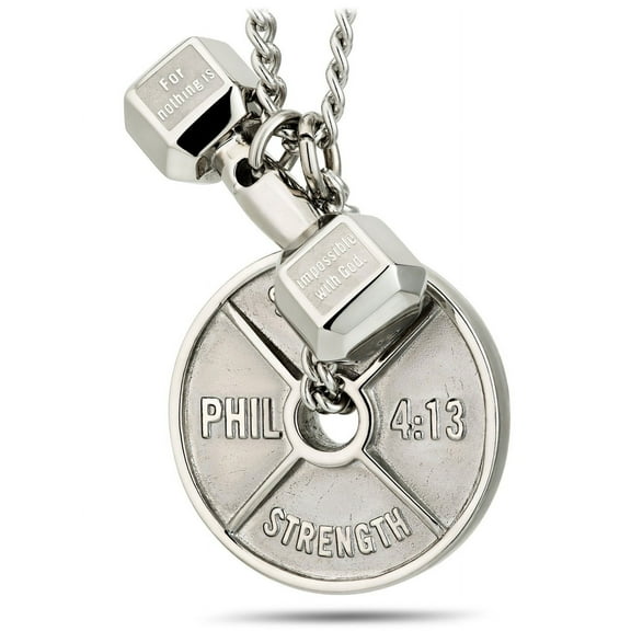 Shields of Strength Men's Stainless Steel Weight Plate and Dumbbell Combo Pendant Necklace Inscribed with Bible Verse for Weightlifters - Christian Gifts by Shields of Strength