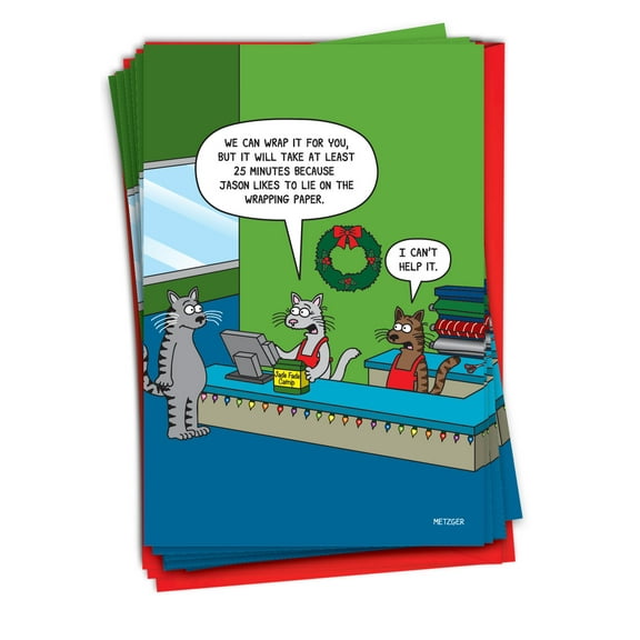 NobleWorks, Cat Wrap - 12 Funny Christmas Cards Boxed - Bulk Set, C10739XSG-B12x1