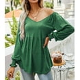 thumbnail image 2 of Mengpipi Women's Casual Puff Long Sleeve Peplum Tunic Tops V-Neck Loose Fit Pleated Flare Blouse T-Shirts with Smocked Cuffs, Green-M(US 8-10), 2 of 6