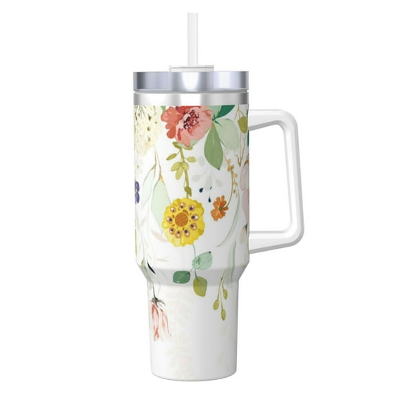 Picia Wildflowers Pattern 40oz Ice Bully Insulated Tumbler with Handle, Double-Wall Stainless Steel Cup, Leak-Proof Lid and Straw