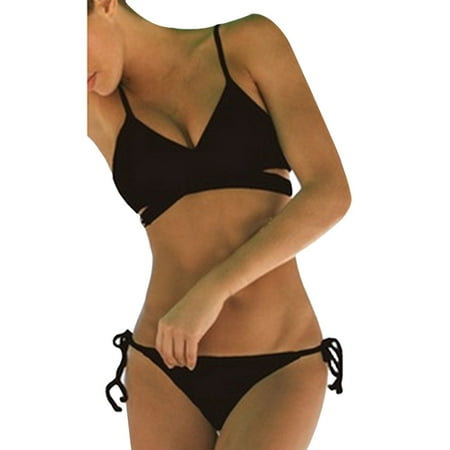 Ploknplq Women s Two-piece Swimsuit Bikini Suit Up Women Bathing Push Padded Set Swimsuit Bandage Bra Summer Swimwear Black XL