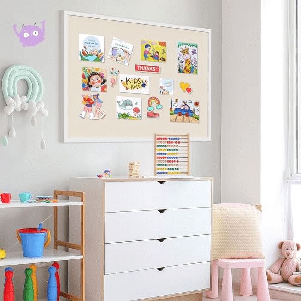 Large Bulletin Board 48x36 inch with Linen Cork Boards Wall Decor Hanging Pin Wood Framed Display Bulletin Cork Photo Picture Board Light for Room School Office 30-Pushpin White