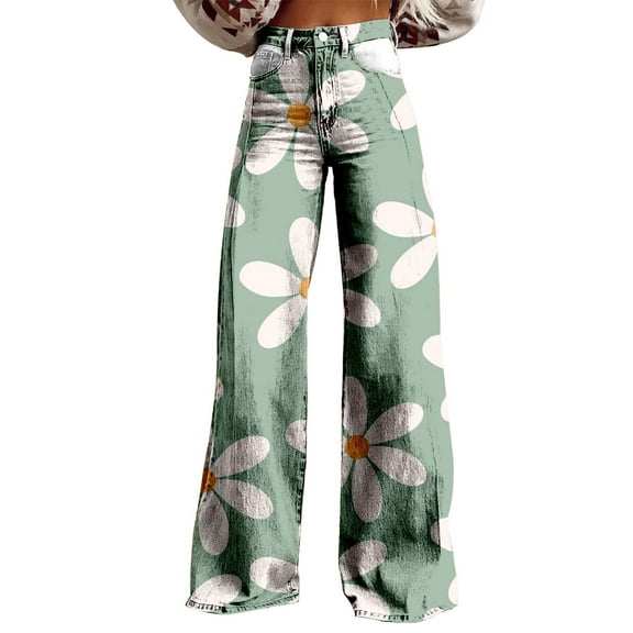 Charmgo Palazzo Pants for Women, Women's Vintage Floral Print Wide Leg Pant High Waisted Stretchy Flowy Pants with Pockets, Baggy Pants for Women Green L