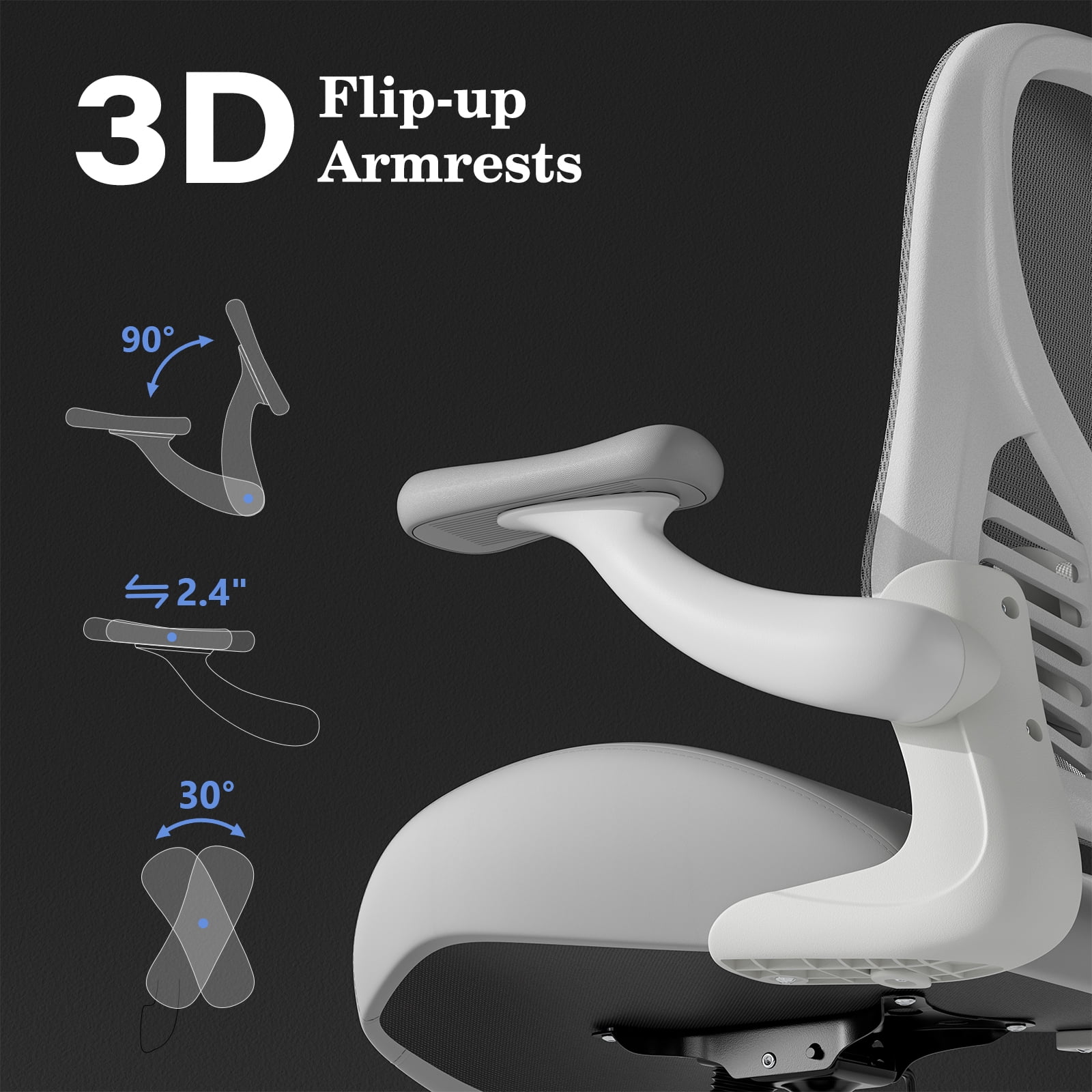 Solfway Computer Desk Chair, Ergonomic Office Desk Chair with Grey&White Mesh Back, Molded Leather Seat, 3D Flip-up Arms, Adjustable Lumbar Support&Height, Wheels for Home&Office