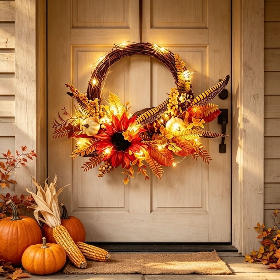 FeiBiQiuBi 20 in Fall Wreath with LED Lights, Sunflower Pumpkin Berry and Maple Leaf Vine Wreath, Autumn Harvest Front Door Wreath for Thanksgiving and Fall Decor