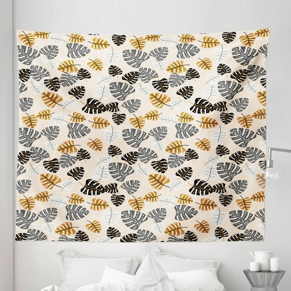 Leaves Tapestry, Silhouettes of Tropical Monstera Hawaiian Plantation, Fabric Wall Hanging Decor for Bedroom Living Room Dorm, 5 Sizes, Champagne Multicolor, by Ambesonne