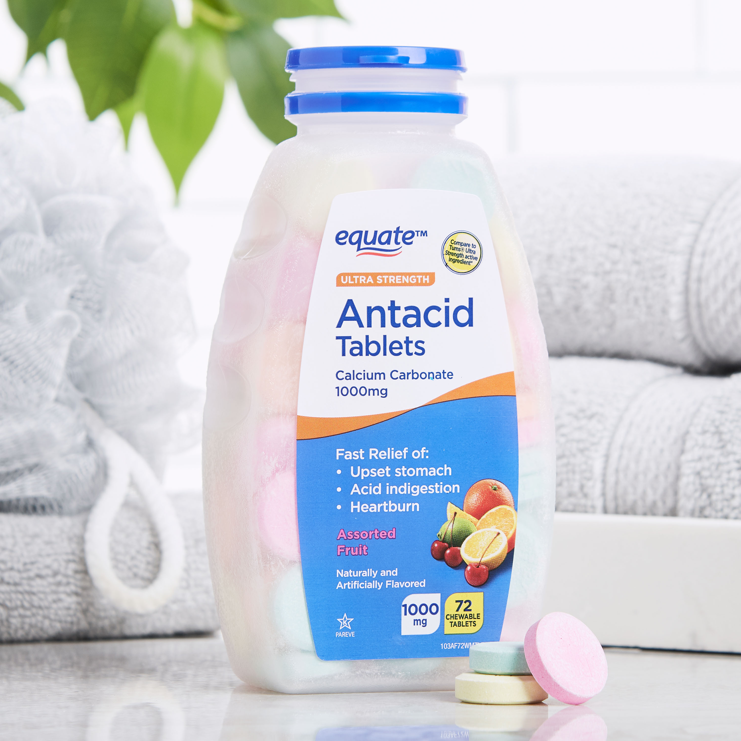 Tabletas Masticables Antiácidas de Carbonato de Calcio de Fuerza Ultra, Sabor Frutas Variadas, 1000 mg, 72 unidades 5