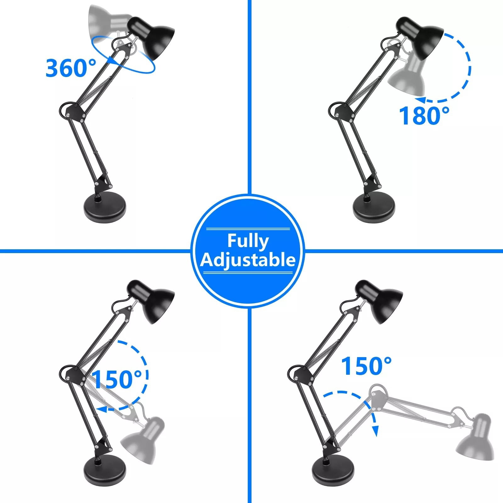 Metal Adjustable Swing Arm Desk Lamp, Eye-Caring Study Desk Lamps Black