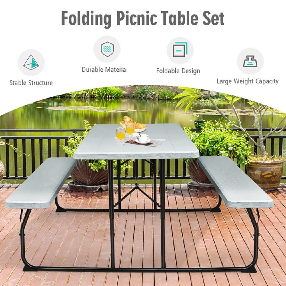Aimee Lii Indoor and Outdoor Folding Picnic Table Bench Set, Outdoor Patio Furniture Set, Gray