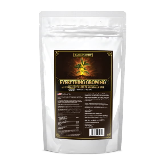 Humboldts Secret Everything Growing 20-20-20 Fertilizer - All Purpose Water Soluble Plant Food - Balanced NPK with Norwegian Kelp - For Lawns Gardens, Vegetables, Flowers & Indoor Plants - 2 lb