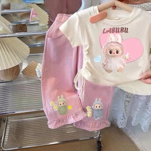 Conjunto de camiseta y pantalones vaqueros con estampado de dibujos animados para bebé, novedad de verano, ropa para niños, Top para niña, traje de moda, ropa para bebé