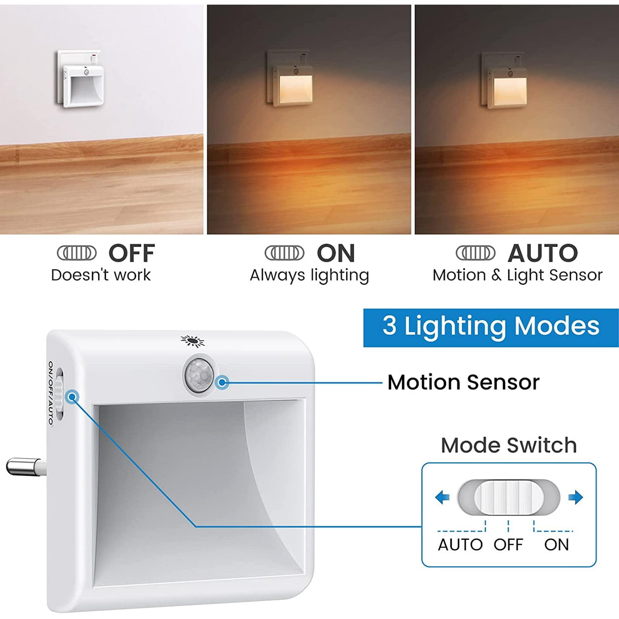 Night Light Plug In Wall, Motion Sensor Lights Indoor With 3 Modes (AUTO/ON/Off),Plug In Night Lights For Baby,Kids,Kitchen, Bedroom, Corridor