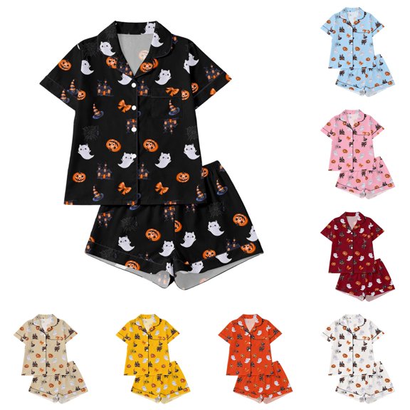 XAOFW Halloween Girls Pajamas Sets Short Sleeve Lapel Cartoon Print Shirts And Shorts Two Piece Sleepwear Loungewear Sets Breathable Homewear 3-4 Years