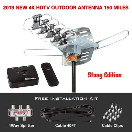 150 Miles Long Range Outdoor Antenna 360 Degree Rotation Antenna, UHF/VHF/FM Radio with Remote Control and Free Installation Kit including 40ft cable, 4-way splitter, and cable
