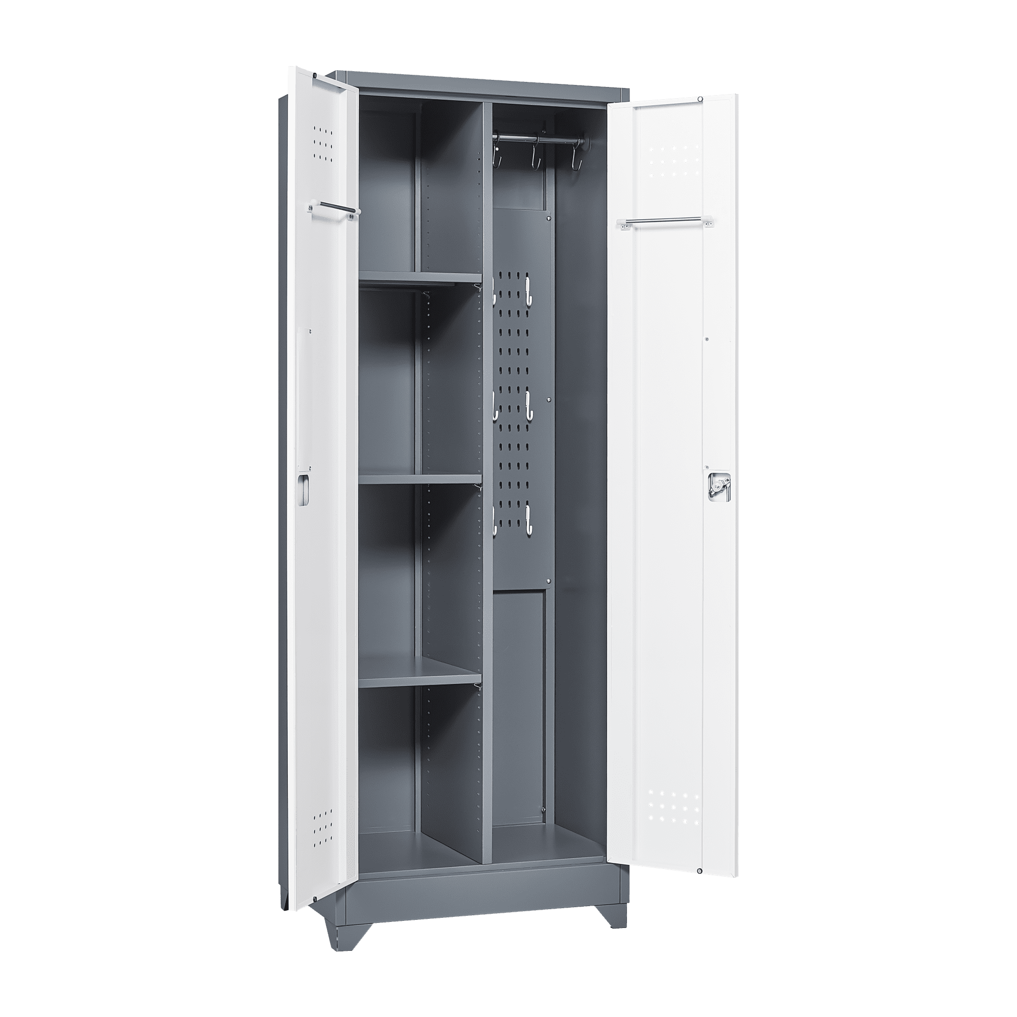 65" H Broom Closet Storage Cabinet with Locking Doors,Metal Garage Storage Cabinet with Hanging Rod & S-Hooks for Garage,Bathroom Office,Grey+White