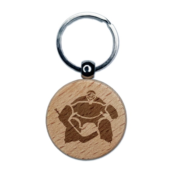 Hockey Goalie Goalkeeper with Stick Round Keychain Charm Tag - Engraved Wood