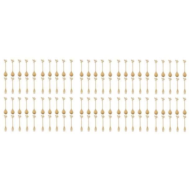 50 Cuchara + 50 Tenedores Hoja de Acero Inoxidable Cuchara para Pastel de Café Tenedor Cucharas para Postre, Dorado