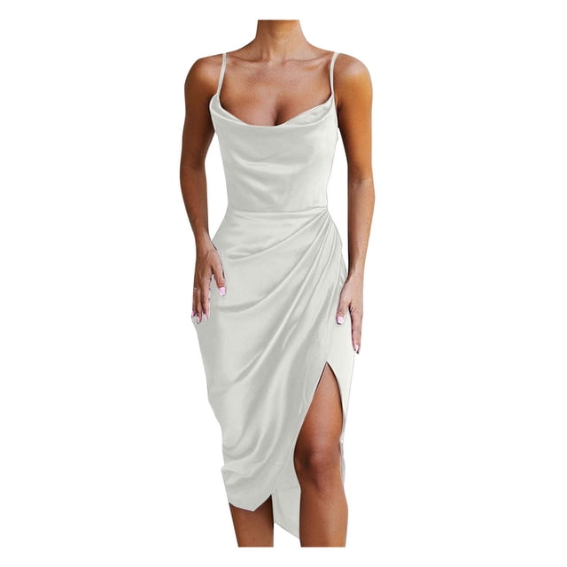 FAIWAD Women's Satin Spaghetti Strap Dress Sleeveless Ruched Cami Dress Slit Wedding Party Cocktail Dresses