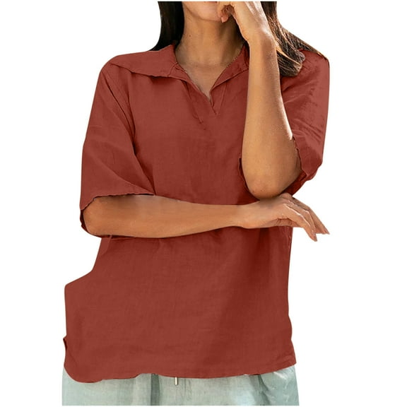 Womens Summer Casual Linen Shirts Short Sleeve Solid V-Neck T Shirts Tops Loose Comfy Basic Blouses Tunic Tees Tops