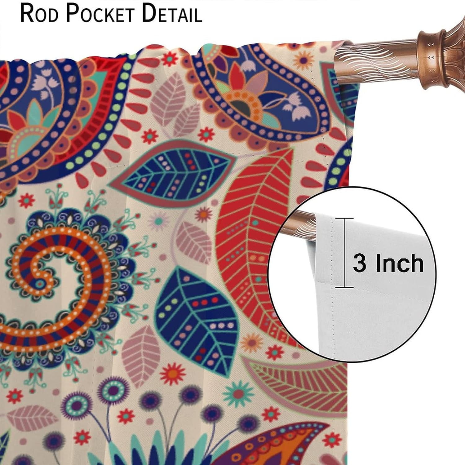 Boho Decorative Curtains Bedroom Living Room Rod Pocket Curtains, Vintage Boho Grill Floral Pattern 2 Panel Set, 42X84x2 in.