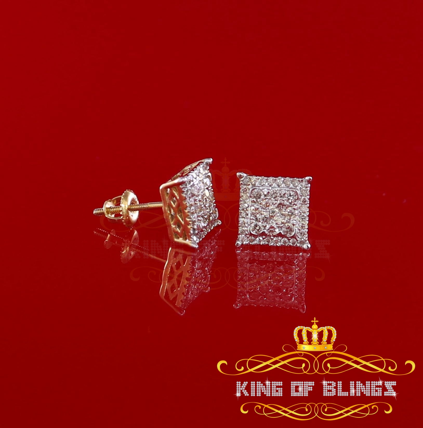 King of Bling's 10K Real Yellow Gold with 0.55CT Real Diamond Men's/Women's Stud Square Earrings