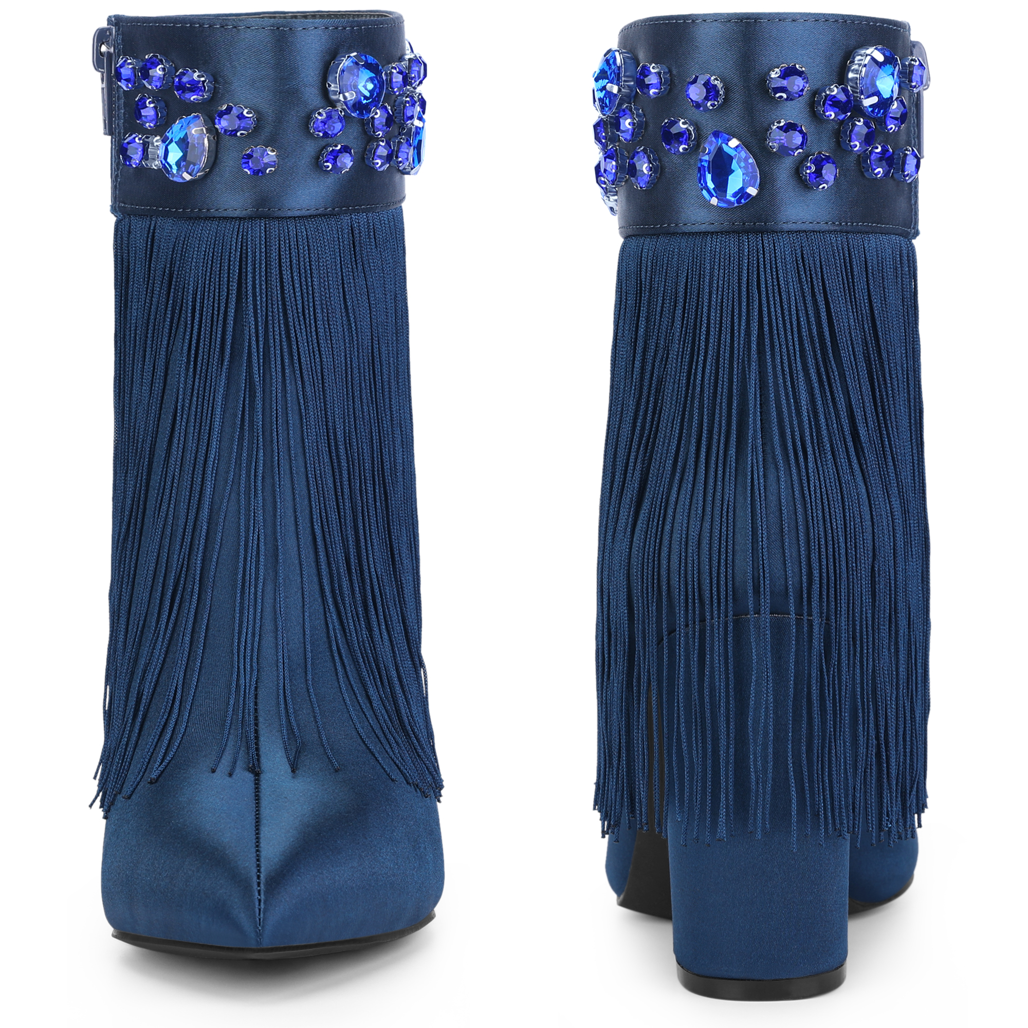 DARING DIVA Pointed Toe Fringe Rhinestone Chunky Heel Ankle Boots Navy Blue 8